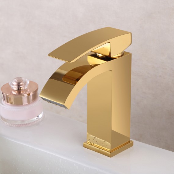KES Lead-Free Waterfall Vanity Sink Faucet with Rectangular Spout for Lavatory Single Hole, Titanium Gold, L3109A1LF-4